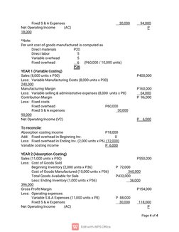 Page 4 of 4
Fixed S & A Expenses
30,000
94,000
Net Operating Income
(AC)
P
18,000
*Note:
Per unit cost of goods manufactured