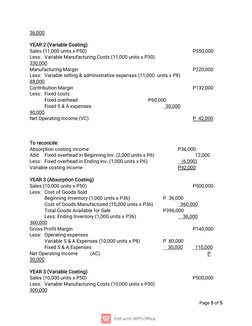 Page 5 of 5
36,000
YEAR 2 (Variable Costing)
Sales (11,000 units x P50)
P550,000
Less: Variable Manufacturing Costs (11,000 u