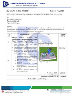 TECHNO-COMMERCIAL OFFER OF BIO CHEMICAL ETP (CAP: 0.3 M3/HR) 
 
 TO  
MANAGING DIRECTOR  
Pasaggio Sweets  
Agr