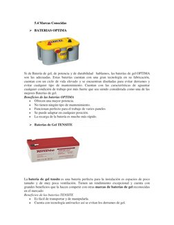 5.4 Marcas Conocidas 
 BATERIAS OPTIMA 
 
 
Si de Batería de gel, de potencia y de durabilidad   hablamos, las baterías de