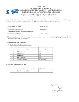 SAFETY STANDARDS OF COMPONENTS AND ROAD WORTHINESS.
INITIAL CERTIFICATE OF COMPLIANCE WITH POLLUTION STANDARDS,
[See Rules 47