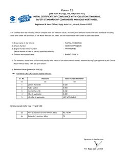 SAFETY STANDARDS OF COMPONENTS AND ROAD WORTHINESS.
INITIAL CERTIFICATE OF COMPLIANCE WITH POLLUTION STANDARDS,
[See Rules 47