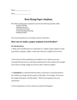 Name____________________________
Class_____________________________
Best Flying Paper Airplane
We will be making paper airpla