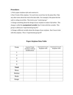 Procedure:
1. Pick a paper airplane style and construct it.
2. Run 5 trials of this airplane.  For each trial, record how far