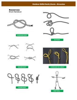 Resources:
Knot Handout 
OVERHAND KNOT
OVERHAND ON A BIGHT
SQUARE KNOT
SLIP KNOT
KNOT DOLL 
FIGURE EIGHT
Outdoor Skills Patch