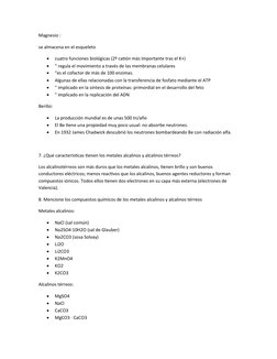 Magnesio :
se almacena en el esqueleto

cuatro funciones biológicas (2º catión más Importante tras el K+)

" regula el movi