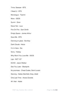 P D F  b y  Z u m o  D e  L i m ó n                      P á g i n a  6 | 882 
Trivia: Seesaw - BTS 
I Need U - BTS 
Monolo