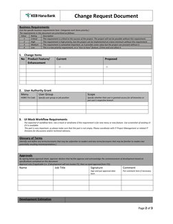 Change Request Document
Business Requirements
(List the specific business requirements here. Categorize each items priority.)
