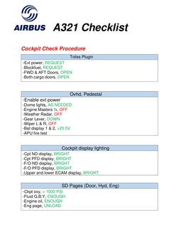 A321 Checklist 
 
Cockpit Check Procedure 
 
Toliss Plugin 
-Ext power, REQUEST 
-Blockfuel, REQUEST 
-FWD & AFT Doors,
