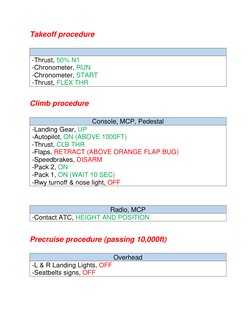 Takeoff procedure 
 
Climb procedure 
 
 
Precruise procedure (passing 10,000ft) 
 
 
-Thrust, 50% N1 
-Chronometer, RUN 
-Ch
