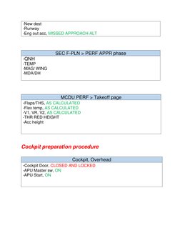 Cockpit preparation procedure 
 
 
-New dest 
-Runway 
-Eng out acc, MISSED APPROACH ALT 
SEC F-PLN > PERF APPR phase