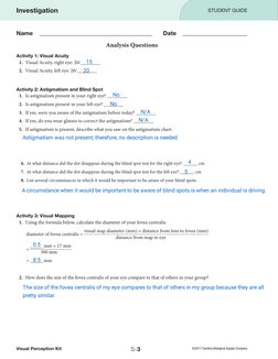 ©2017 Carolina Biological Supply Company
S-3
Analysis Questions
Activity 1: Visual Acuity
1.	 Visual Acuity, right eye: 20/__