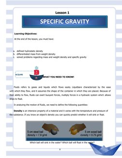 SPECIFIC GRAVITY
Lesson 1
Learning Objectives:
At the end of the lesson, you must have:
ACQUIRE
a.
defined hydrostatic densit