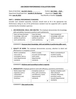 JOB ORDER PERFORMANCE EVALUATION FORM
Name of Job Order:  Jess Zel V. Garcia    
 
        
 
              
 
 
 Position: J