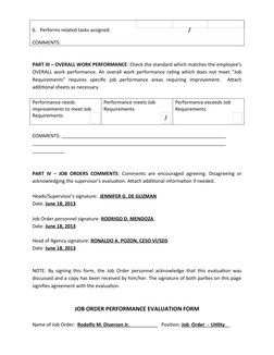 6.   Performs related tasks assigned.                                                                /
COMMENTS:
PART III – O