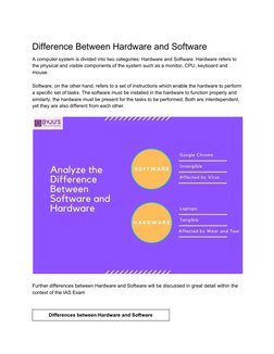 Difference Between Hardware and Software 
A computer system is divided into two categories: Hardware and Software. Hardware r