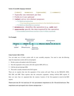 Syntax of assembly language statement
For Example:
Linux System Calls (32 bit)
You can make use of Linux s