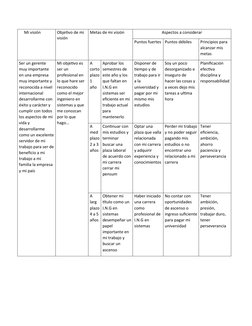 Mi visión 
Objetivo de mi 
visión  
Metas de mi visión
Aspectos a considerar
Puntos fuertes
Puntos débiles 
Principios p