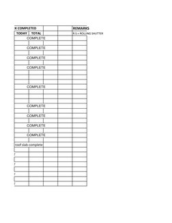 REMARKS
TODAY
TOTAL
R.S.= ROLLING SHUTTER
COMPLETE
COMPLETE
COMPLETE
COMPLETE
COMPLETE
COMPLETE
COMPLETE
COMPLETE
COMPLETE
ro