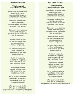 Una Carta al Cielo 
 
(Vals Peruano) 
Autor: Salvador Oda 
 
Llevando a un pobre niño, 
sujeto de la mano, 
se presentó al sa