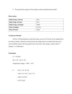 6. The specific heat capacity of the sample was then calculated and recorded
Observations
Initial Temp. of Water
28oC
Final T