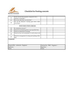 Checklist for Footing concrete
Project : Preeti Iksa Ville           
Drawing ref. No:
16
17
18
19
20
21
22
23
Name       :