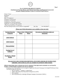 Page 1 
For ALABAMA BOARD OF NURSING 
Attachment of Nursing Theory and Clinical Clock Hours and Required Coursework 
(TO BE C