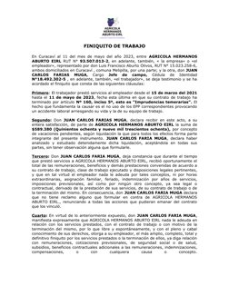 FINIQUITO DE TRABAJO
En Curacaví al 11 del mes de mayo del año 2023, entre  AGRICOLA HERMANOS
ABURTO EIRL RUT N°  93.507.013-