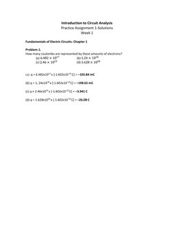 Introduction to Circuit Analysis 
Practice Assignment 1-Solutions 
Week 1  
 
Fundamentals of Electric Circuits: Chapter 1