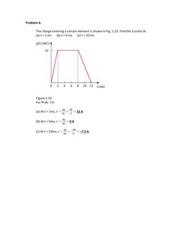 Problem 6. 
 
The charge entering a certain element is shown in Fig. 1.23. Find the current at: 
(a) t = 1 ms 
(b) t = 6 ms
