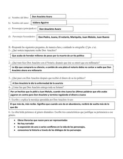Don Anacleto Avaro
Isidora Aguirre
Don Anacleto Avaro
Don Pedro, Juana, El notario, Mariquita, Juan Malulo, Juan Bueno
Que ac