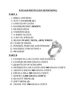 ENGAGEMENTS LIST (KNOCKING)
PART A 
1. BIBLE AND RING 
2. SUIT CASE(ECOLAC)
3. 6 PIECES OF CLOTH 
4. HANDKERCHIEF (DOZEN)
5.