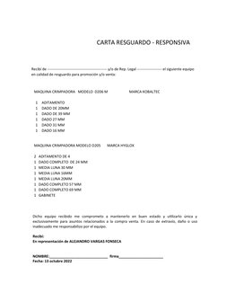 CARTA RESGUARDO - RESPONSIVA
Recibí de ------------------------------------------------ y/o de Rep. Legal -------------------