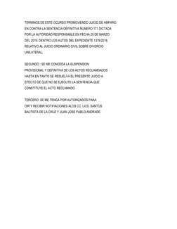 TERMINOS DE ESTE OCURSO PROMOVIENDO JUICIO DE AMPARO
EN CONTRA LA SENTENCIA DEFINITIVA NUMERO 171 DICTADA
POR LA AUTORIDAD RE