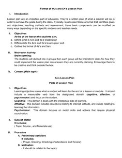Format of 4A’s and 5A’s Lesson Plan
I.
Introduction
Lesson plan are an important part of education. They’re a written plan of