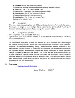 C. Activity ( The 1st A in 4A’s Lesson Plan)
( You can use here the different strategies/activities in teaching English)
D. A