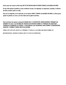 Sea lo que sea Jesús te dice hoy NO TE HE DICHO QUE SI CREES VERAS LA GLORIA DE DIOS
Si tan solo quitas la piedra y crees rec