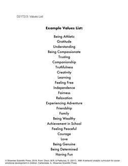 Example Values List: 
 
Being Athletic 
Gratitude 
Understanding 
Being Compassionate 
Trusting 
Companionship 
Truthfulnes