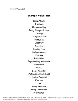 Example Values List: 
 
Being Athletic 
Gratitude 
Understanding 
Being Compassionate 
Trusting 
Companionship 
Truthfu