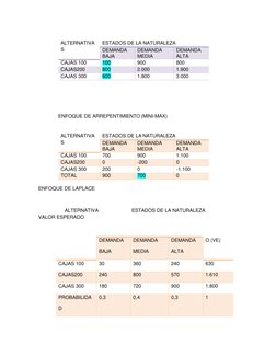 ALTERNATIVA 
ESTADOS DE LA NATURALEZA 
S 
DEMANDA 
BAJA 
DEMANDA 
MEDIA 
DEMANDA 
ALTA 
CAJAS 100 
100 
900 
800 
CAJAS200