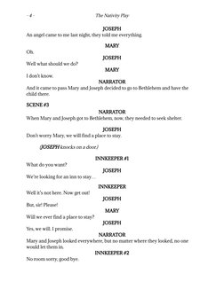 - 4 -
The Nativity Play
JOSEPH
An angel came to me last night, they told me everything.
MARY
Oh.
JOSEPH
Well what should we d