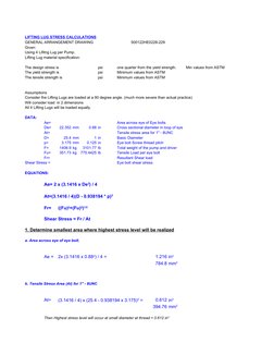 LIFTING LUG STRESS CALCULATIONS
GENERAL ARRANGEMENT DRAWING
500122HE0228-229
Given:
Using 4 Lifitng Lug per Pump.
Lifting Lug