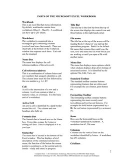 PARTS OF THE MICROSOFT EXCEL WORKBOOK
Workbook
This is an excel file that stores information.
By default, workbooks contain t