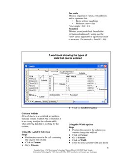 Formula
This is a sequence of values, cell addresses
and/or operators that:
•
Begin with an equal sign
•
Produces a new value