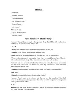 ENGLISH 
Characters:
• Peter Pan (Jordani)
• Tinkerbell (Mary)
• Lost children (Kleber)
• Wendy (Cammy)
• John (Ammy)
•Michae