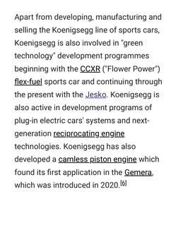 Apart from developing, manufacturing and
selling the Koenigsegg line of sports cars,
Koenigsegg is also involved in "green
te