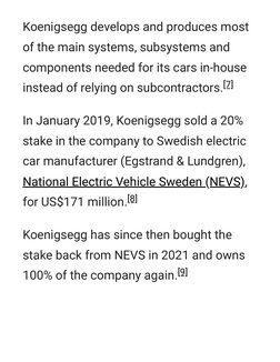 Koenigsegg develops and produces most
of the main systems, subsystems and
components needed for its cars in-house
instead of