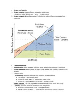 -
Breakeven Analysis:
1. Breakeven point occurs where revenues just equal costs.
↳ Breakeven point : Fixed costs ÷ (price - V