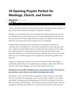 20 Opening Prayers Perfect for 
Meetings, Church, and Events

Meg Bucher
 
 Writer and Author

20198 Nov
Play Video
Loaded: