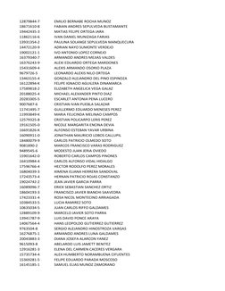12879844-7
EMILIO BERNABE ROCHA MUNOZ 
18671610-8
FABIAN ANDRES SEPULVEDA BUSTAMANTE 
19442435-3
MATIAS FELIPE ORTEGA JARA 
1